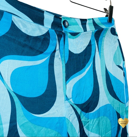 ZARA Silky Bold Blue Groovy Print The Safia Satin Effect Button Zip Flare Pants - Picture 8 of 14